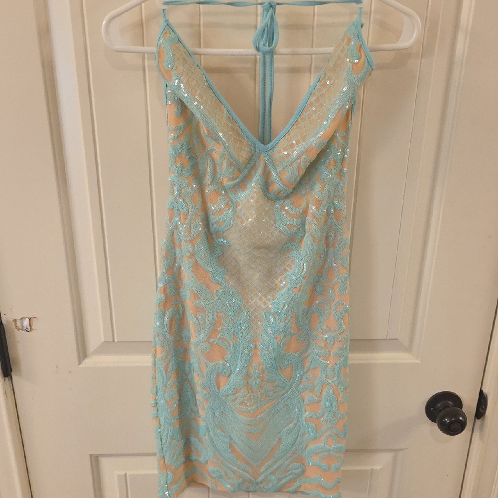 Windsor Mint Sequin Backless Halter Cocktail Dress